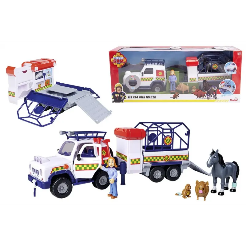 POMPIERUL SAM VEHICUL SALVARE ANIMALE CU FIGURINE ȘI REMORCA