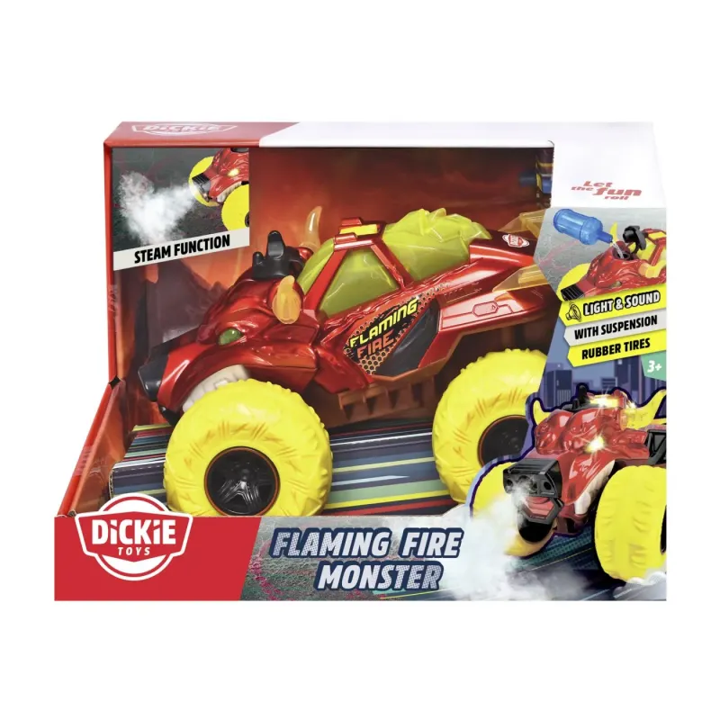 DICKIE MAȘINĂ DE TEREN FLAMING FIRE MONSTER CU LUMINI SUNETE SUSPENSII ȘI FUNCTIE ABUR 25CM