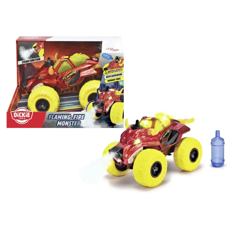 DICKIE MAȘINĂ DE TEREN FLAMING FIRE MONSTER CU LUMINI SUNETE SUSPENSII ȘI FUNCTIE ABUR 25CM