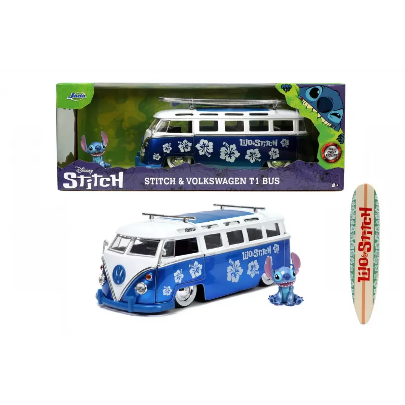 Set figurină + machetă auto Jada - DISNEY Stitch + Volkswagen T1 Bus [1:24]