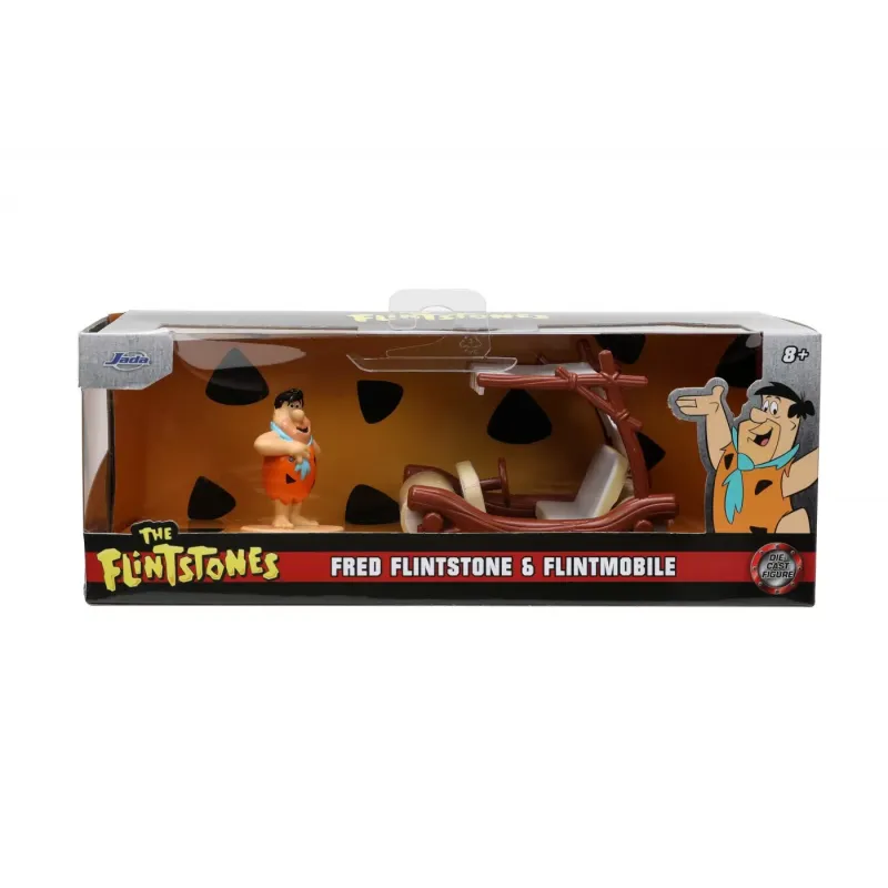 Set figurină + machetă auto Jada - Fred Flinstone + Flintmobile [1:32]