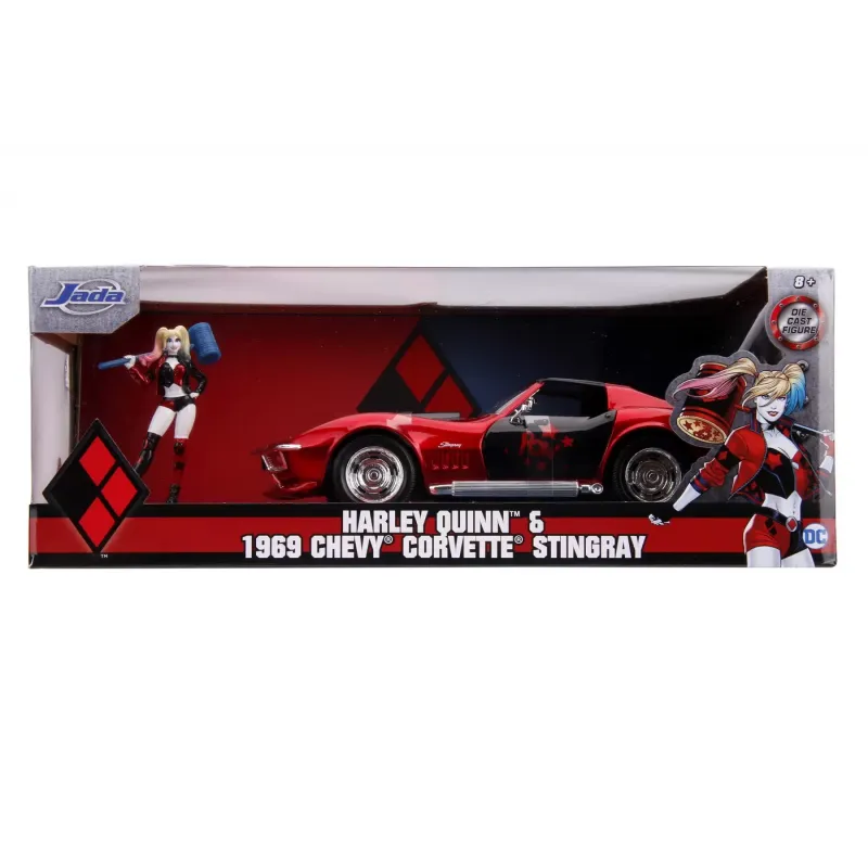 MAȘINUȚĂ DIN METAL HARLEY QUINN 1969 CHEVY CORVETTE SCARA 1:24