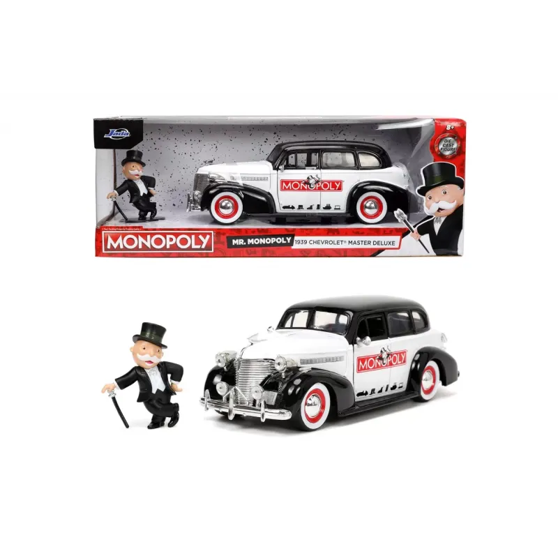Set figurină + machetă auto Jada - Mister Monopoly + Chevrolet Master Deluxe 1939 [1:24]