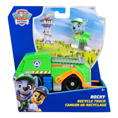 PATRULA CĂȚELUSILOR SET VEHICUL DE BAZA CAMIONUL DE RECICLARE  ȘI FIGURINĂ ROCKY