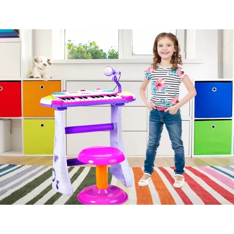 INSTRUMENT MUZICĂL PIANINA ELECTRONICA MALPLAY CU SCAUN ȘI MICROFON 45 CM INALTIME ROZ