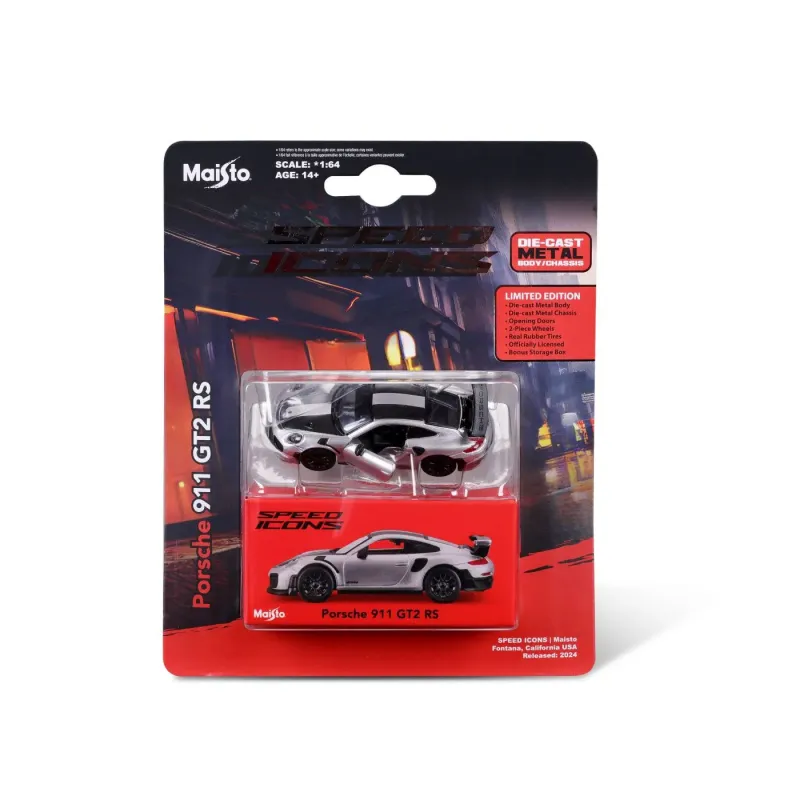 MAISTO MAȘINUȚĂ METALICĂ SPEED ICONS PORSCHE 911 GT2 RS SILVER BLACK SCARA 1 LA 64