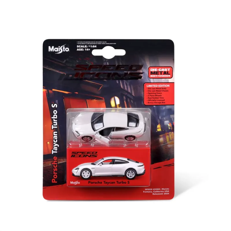MAISTO MAȘINUȚĂ METALICĂ SPEED ICONS PORSCHE TAYCAN TURBO S ALB SCARA 1 LA 64