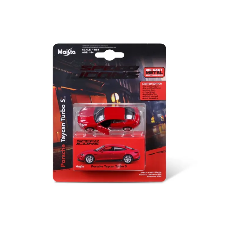 MAISTO MAȘINUȚĂ METALICĂ SPEED ICONS PORSCHE TAYCAN TURBO S ROSU SCARA 1 LA 64