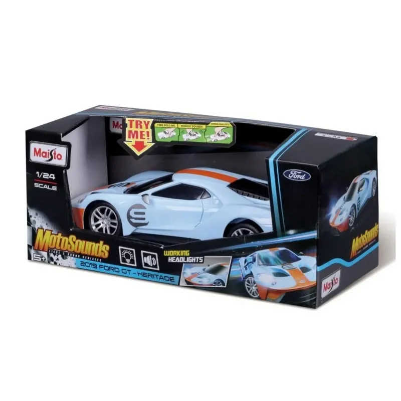 MAISTO MOTOSOUNDS MAȘINUȚĂ FORD GT HERITAGE 2019 CU SUNETE ȘI LUMINI SCARA 1 LA 24