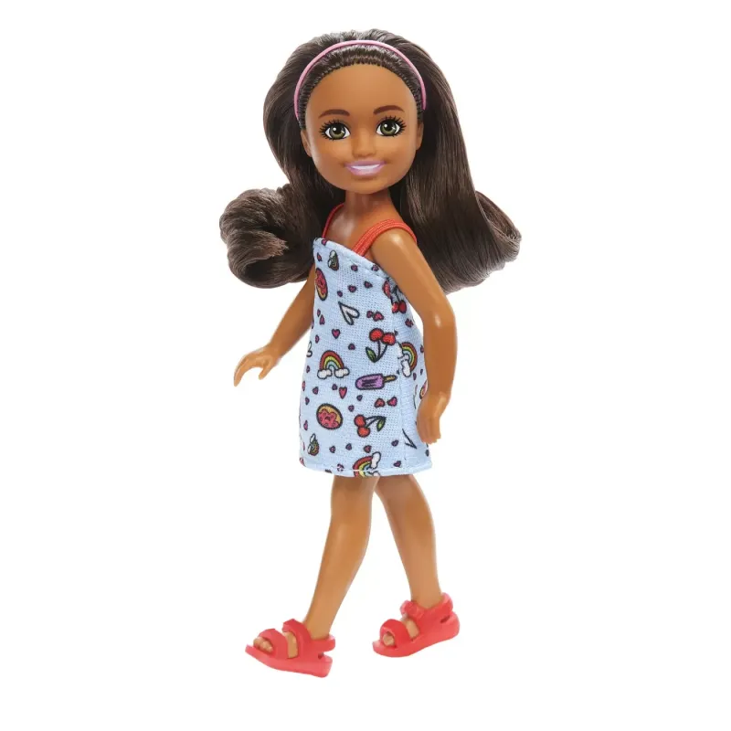 BARBIE PAPUSA CHELSEA CREOLA CU PAR SATEN ȘI ROCHITA ALBASTRA