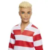 BARBIE FASHIONISTAS PAPUSA KEN BLOND CU BLUZA POLO DUNGI ROSII ALBE