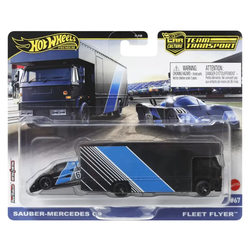 HOT WHEELS TRANSPORTATOR SAUBER MERCEDES C9 CU MAȘINUȚĂ FLEET FLYER SCARA 1:64