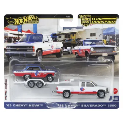 HOT WHEELS TRANSPORTATOR CHEVY SILVERADO 3500 88 CU MAȘINUȚĂ CHEVY NOVA 63 SCARA 1:64
