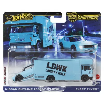 HOT WHEELS TRANSPORTATOR FLEET FLYER CU MAȘINUȚĂ NISSAN SKYLINE 2000 GT-R LBWK SCARA 1:64