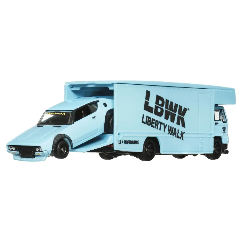 HOT WHEELS TRANSPORTATOR FLEET FLYER CU MAȘINUȚĂ NISSAN SKYLINE 2000 GT-R LBWK SCARA 1:64