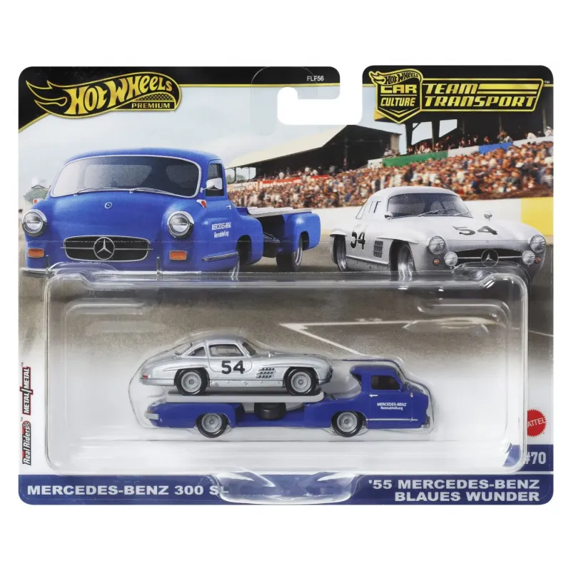 HOT WHEELS TRANSPORTATOR  MERCEDES-BENZ 55 BLAUES WUNDER CU MAȘINUȚĂ MERCEDES-BENZ 300 SL SCARA 1:64