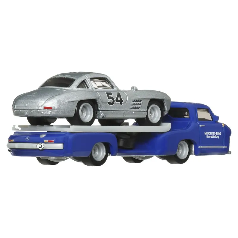 HOT WHEELS TRANSPORTATOR  MERCEDES-BENZ 55 BLAUES WUNDER CU MAȘINUȚĂ MERCEDES-BENZ 300 SL SCARA 1:64