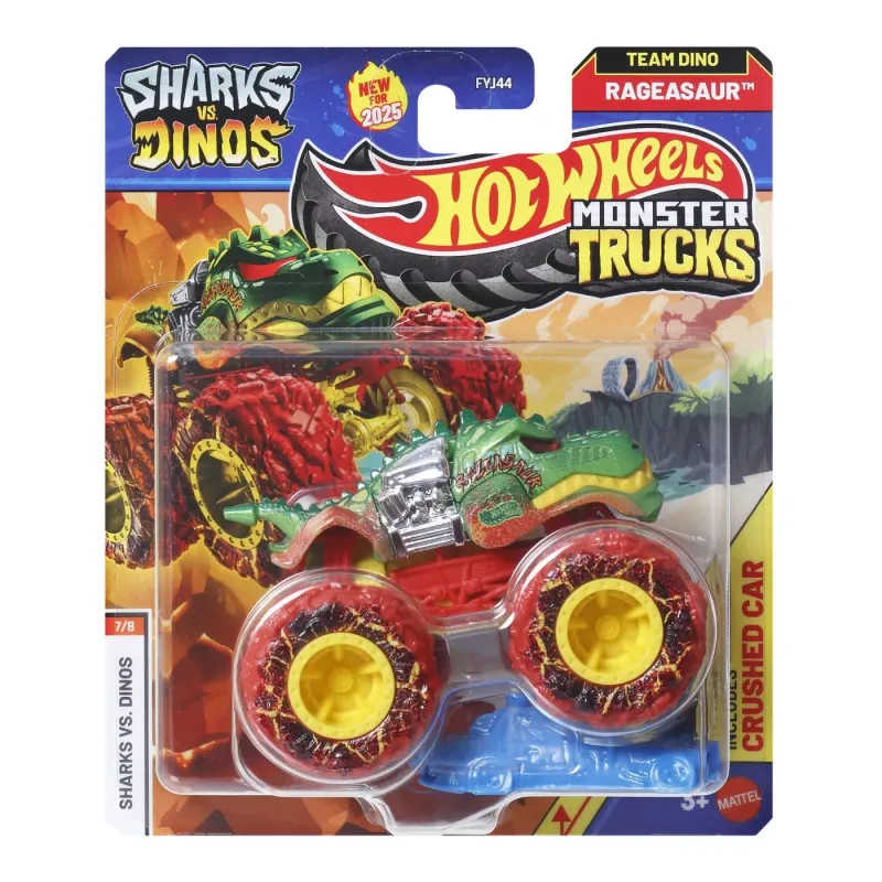 HOT WHEELS MONSTER TRUCK SHARKS VS DINOS MAȘINUȚĂ RAGEASAUR ECHIPA DINO SCARA 1 LA 64
