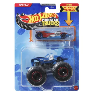 HOT WHEELS MONSTER TRUCK ȘI MAȘINUȚĂ METALICĂ TWIN MILL