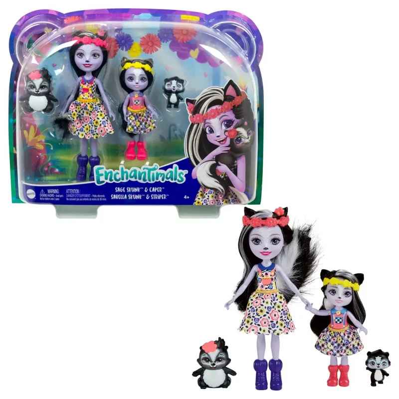 ENCHANTIMALS SET PAPUSI SURORI ȘI ANIMALUTELE LOR SAGE SKUNK ȘI CAPER ȘI SABELLA SKUNK ȘI STRIPER
