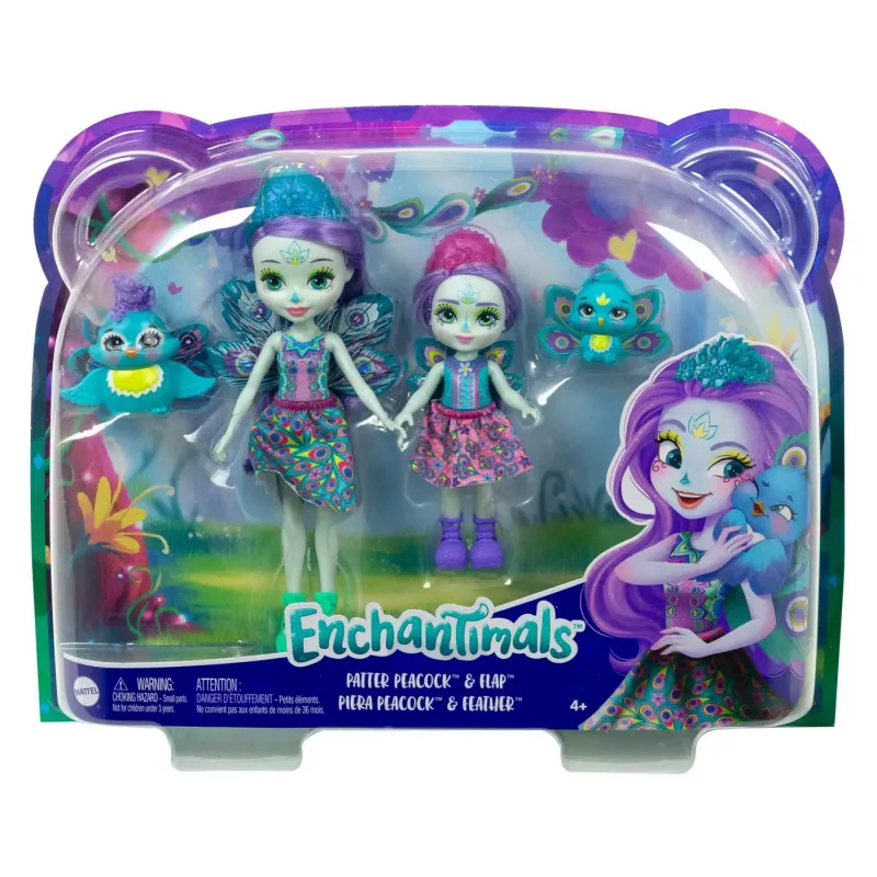 ENCHANTIMALS SET PAPUSI SURORI ȘI ANIMALUTELE LOR PATTER PEACOCK ȘI FLAP ȘI PIERA PEACOCK ȘI FEATHER