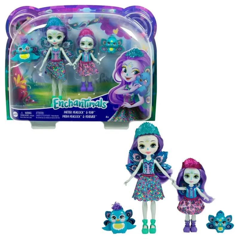 ENCHANTIMALS SET PAPUSI SURORI ȘI ANIMALUTELE LOR PATTER PEACOCK ȘI FLAP ȘI PIERA PEACOCK ȘI FEATHER