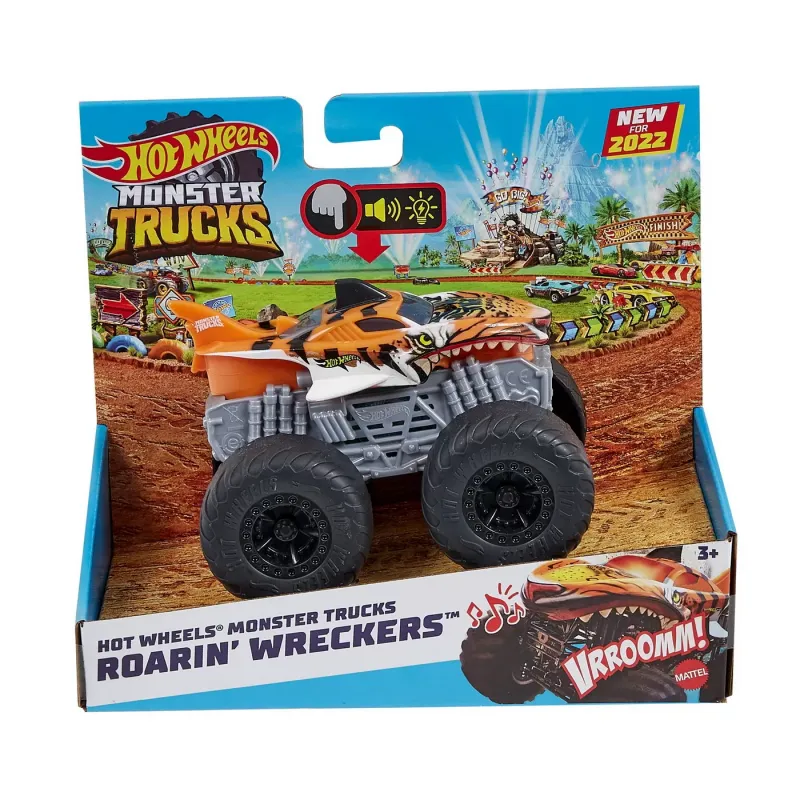 HOT WHEELS MONSTER TRUCK ROARIN WRECKERS TIGER SHARK CU FUNCTII ȘI SUNETE SCARA  1:43