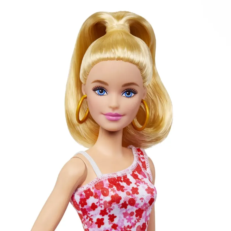 BARBIE PAPUSA BARBIE FASHIONISTA BLONDA CU PARUL PRINS IN COADA ȘI ROCHIE CU FLORICELE