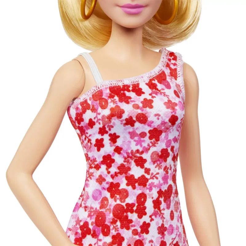 BARBIE PAPUSA BARBIE FASHIONISTA BLONDA CU PARUL PRINS IN COADA ȘI ROCHIE CU FLORICELE