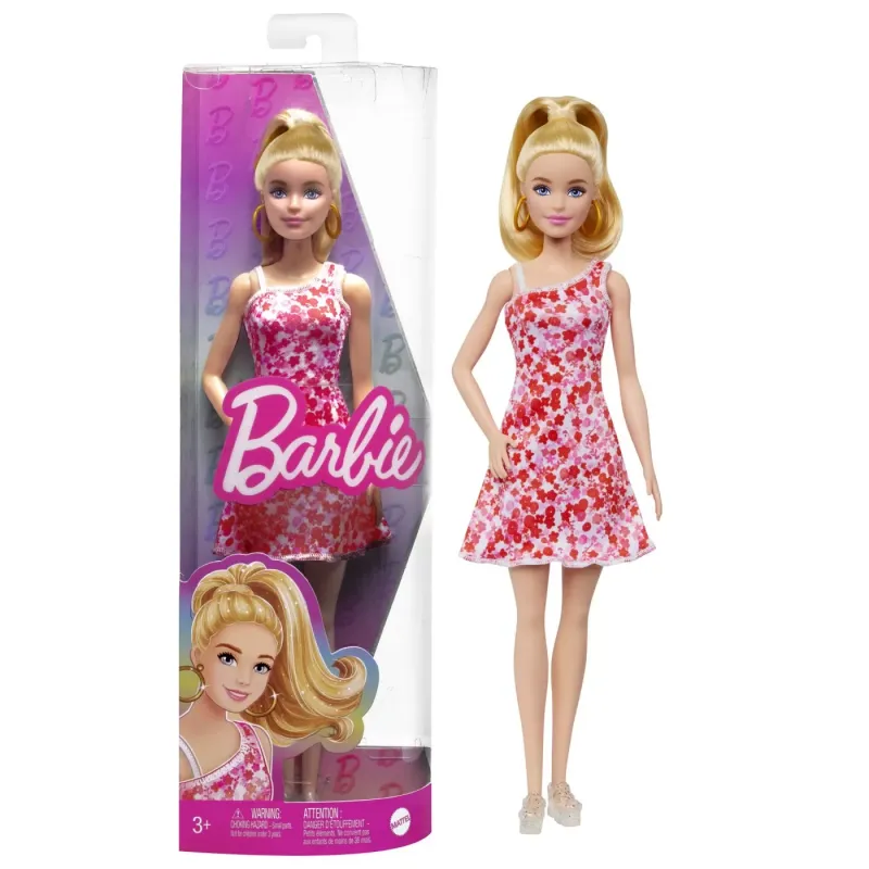 BARBIE PAPUSA BARBIE FASHIONISTA BLONDA CU PARUL PRINS IN COADA ȘI ROCHIE CU FLORICELE