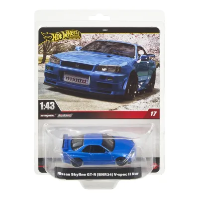 HOT WHEELS PREMIUM REAL RIDERS MAȘINUȚĂ METALICĂ NISSAN SKYLINE GT-R BNR34 V-SPEC II NUR SCARA 1:43