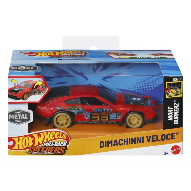 HOT WHEELS MAȘINUȚĂ METALICĂ CU SISTEM PULL BACK DIMACHINNI VELOCE NIGHT BURNERZ SCARA 1:43