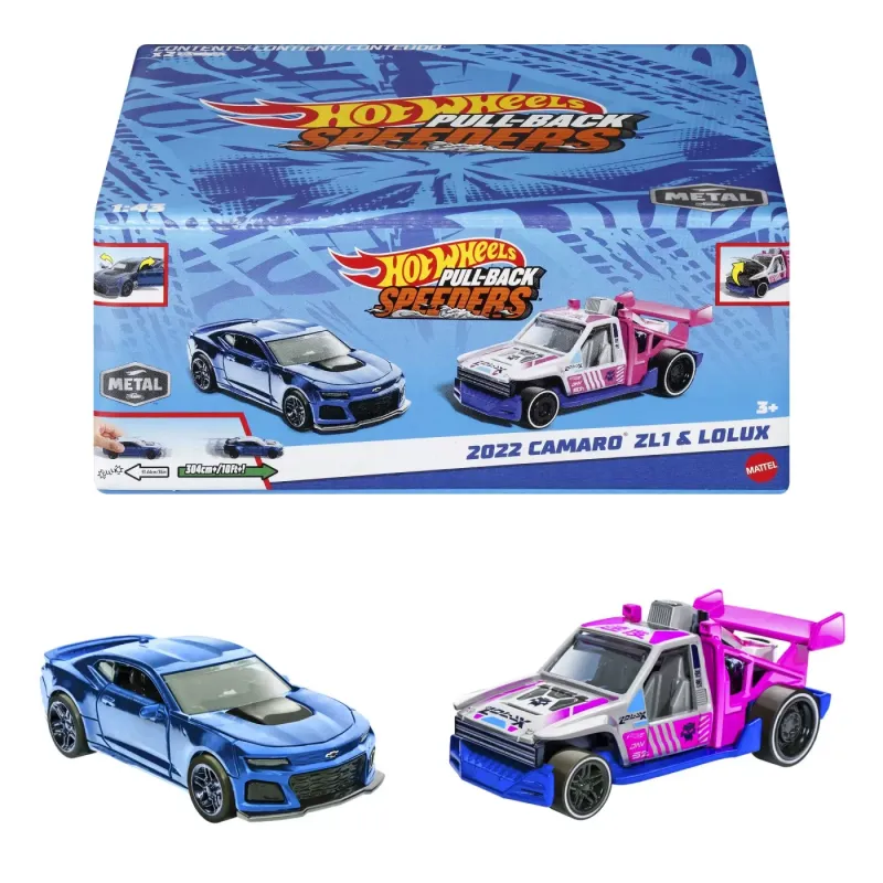 HOT WHEELS SET 2 MASINUTE METALICE PULL BACK CAMARO ZL1 2022 ȘI LOLUX 1:43