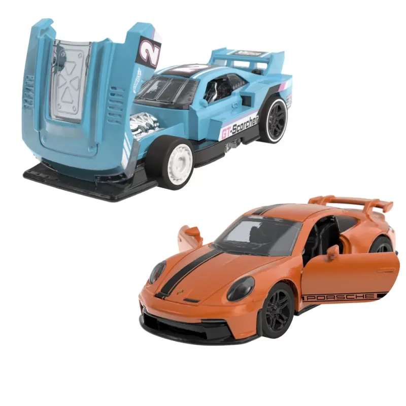 HOT WHEELS SET 2 MASINUTE METALICE PULL BACK GT-SCORCHER ȘI PORSCHE 911 GT3 1:43