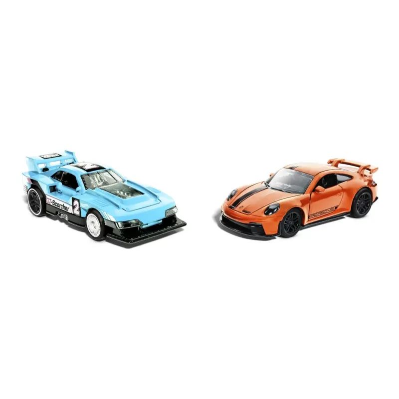 HOT WHEELS SET 2 MASINUTE METALICE PULL BACK GT-SCORCHER ȘI PORSCHE 911 GT3 1:43