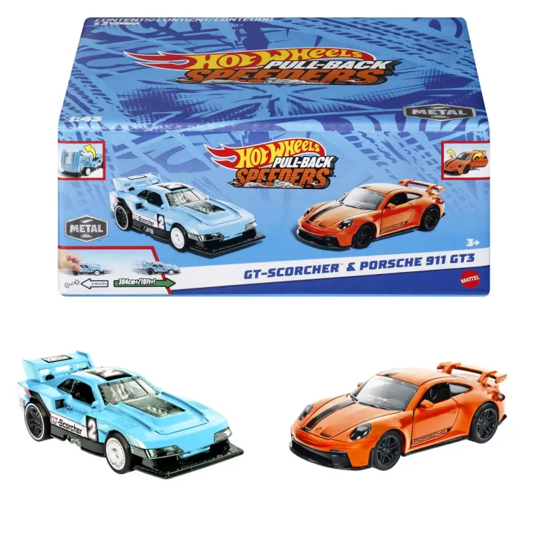 HOT WHEELS SET 2 MASINUTE METALICE PULL BACK GT-SCORCHER ȘI PORSCHE 911 GT3 1:43