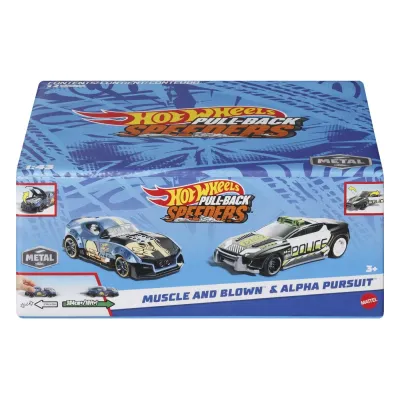 HOT WHEELS SET 2 MASINUTE METALICE PULL BACK MUSCLE AND BLOWN ȘI ALPHA PURSUIT 1:43