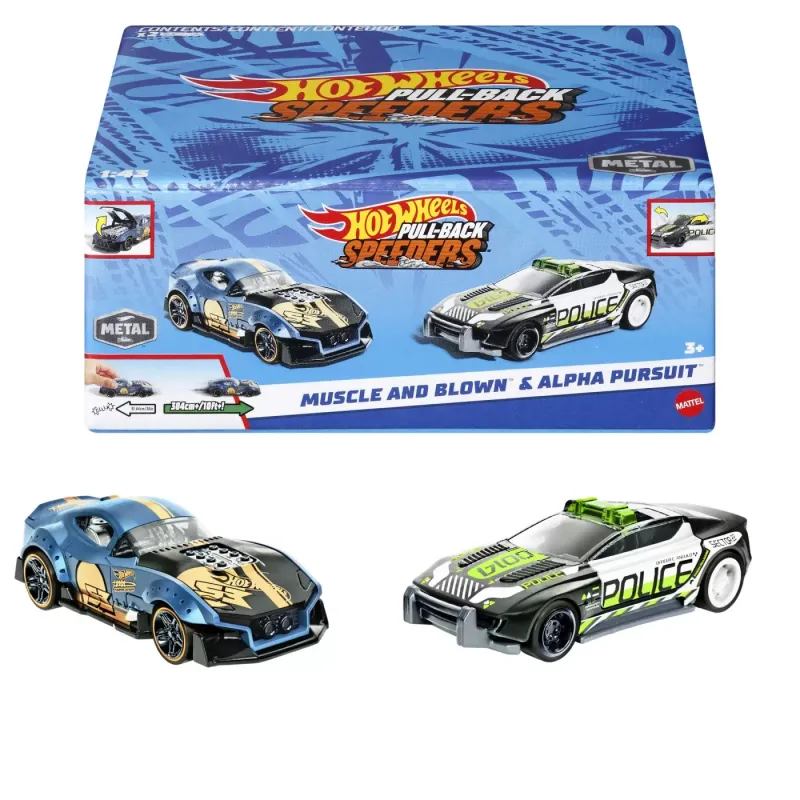 HOT WHEELS SET 2 MASINUTE METALICE PULL BACK MUSCLE AND BLOWN ȘI ALPHA PURSUIT 1:43