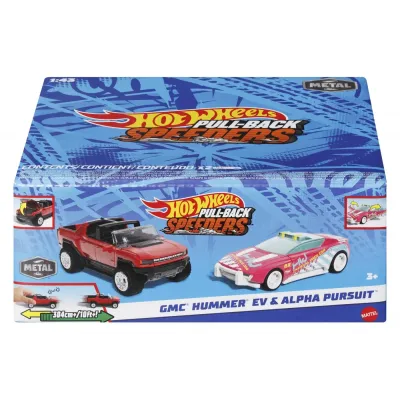 HOT WHEELS SET 2 MASINUTE METALICE PULL BACK GMC HUMMER EV ȘI ALPHA PURSUIT 1:43
