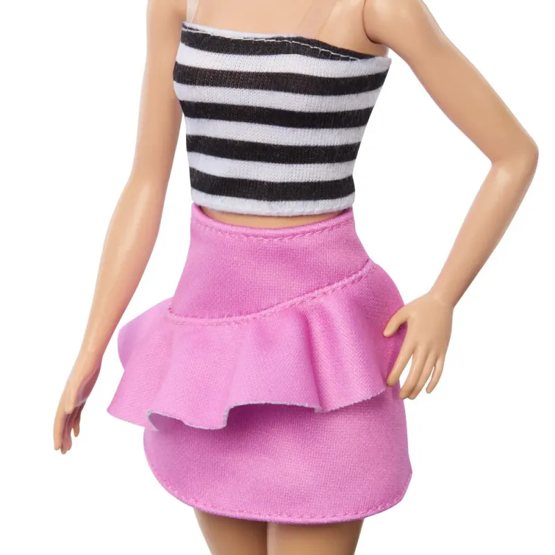 BARBIE PAPUSA BARBIE FASHIONISTA BLONDA CU PARUL PRINS IN COADA ȘI FUSTA ROZ