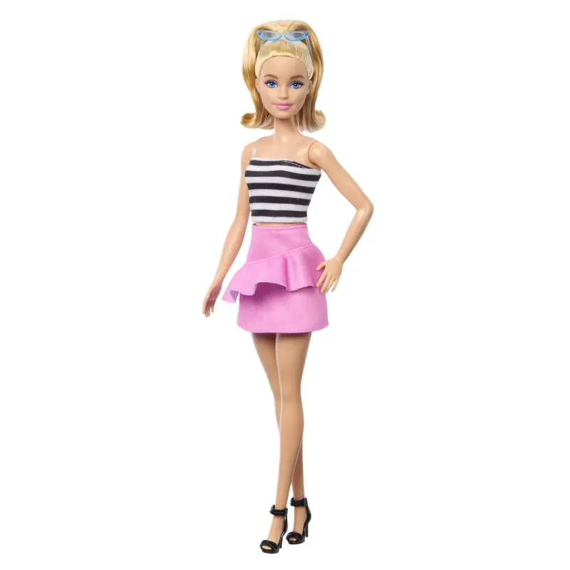 BARBIE PAPUSA BARBIE FASHIONISTA BLONDA CU PARUL PRINS IN COADA ȘI FUSTA ROZ