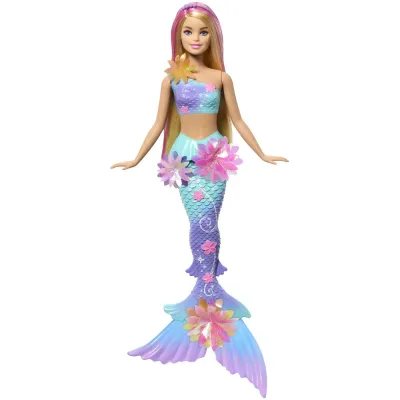 BARBIE PAPUSA SIRENA FLOARE MAGICA CU PAR BLOND ȘI COADA ALBASTRA
