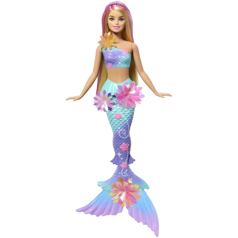 BARBIE PAPUSA SIRENA FLOARE MAGICA CU PAR BLOND ȘI COADA ALBASTRA
