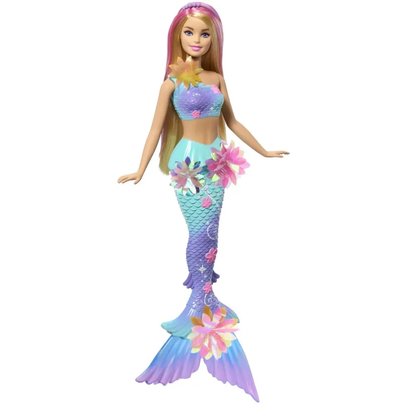 BARBIE PAPUSA SIRENA FLOARE MAGICA CU PAR BLOND ȘI COADA ALBASTRA