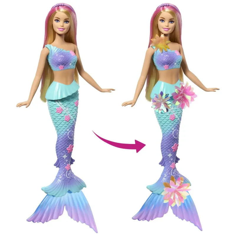 BARBIE PAPUSA SIRENA FLOARE MAGICA CU PAR BLOND ȘI COADA ALBASTRA
