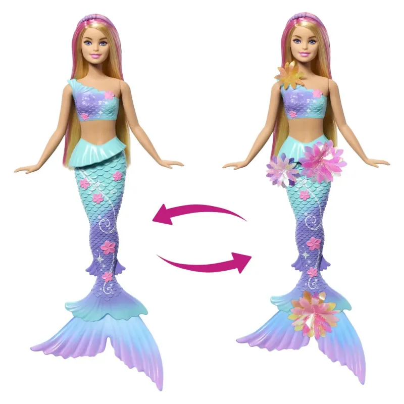 BARBIE PAPUSA SIRENA FLOARE MAGICA CU PAR BLOND ȘI COADA ALBASTRA