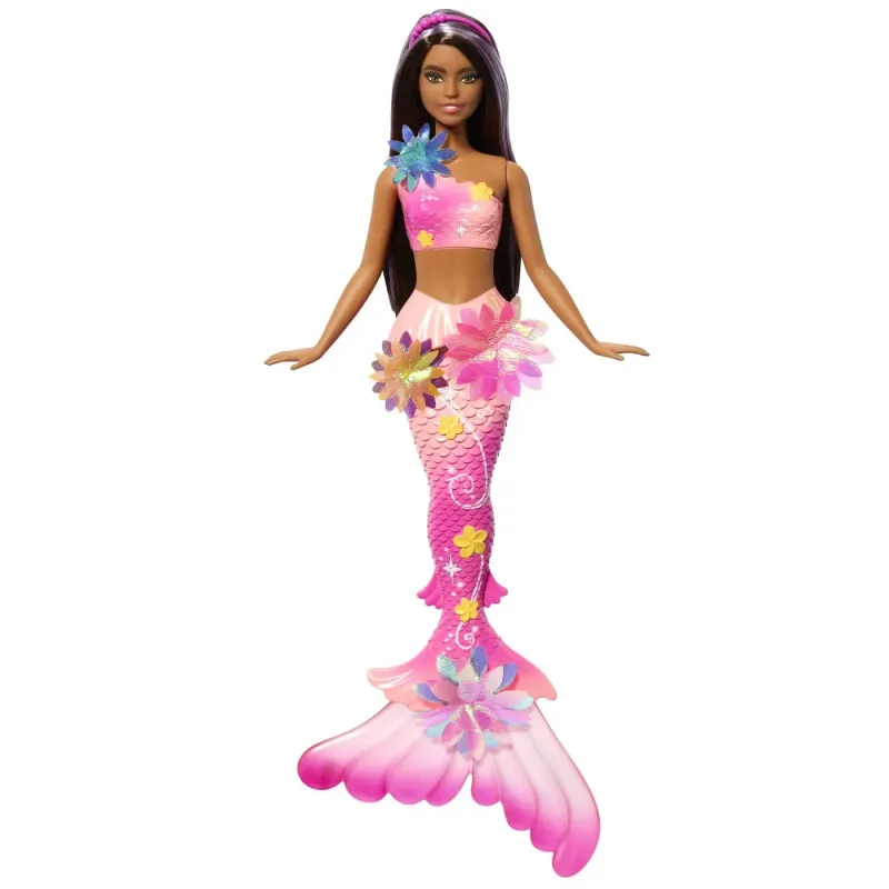 BARBIE PAPUSA SIRENA FLOAREA MAGICA CU PAR BRUNET ȘI COADA ROZ