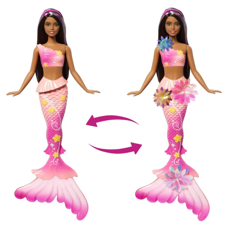 BARBIE PAPUSA SIRENA FLOAREA MAGICA CU PAR BRUNET ȘI COADA ROZ