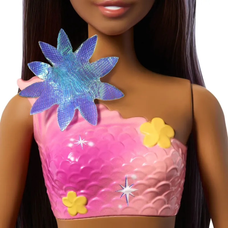 BARBIE PAPUSA SIRENA FLOAREA MAGICA CU PAR BRUNET ȘI COADA ROZ