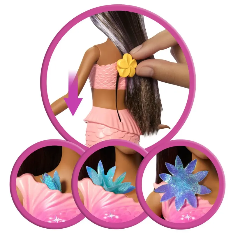 BARBIE PAPUSA SIRENA FLOAREA MAGICA CU PAR BRUNET ȘI COADA ROZ